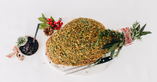 Amaretto & Cherry-Glazed Ham on the Bone with Pistachio Herb Crust