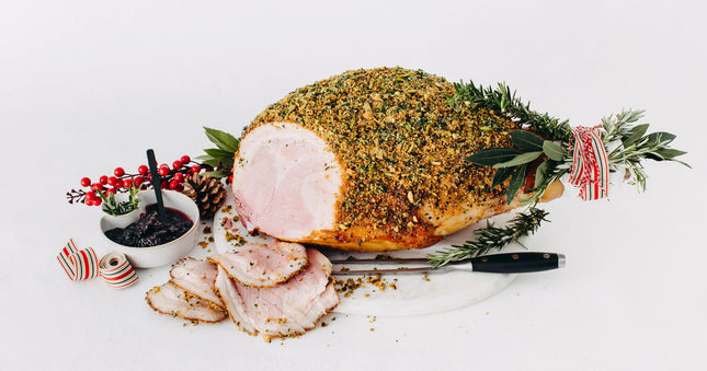 Amaretto & Cherry-Glazed Ham on the Bone with Pistachio Herb Crust
