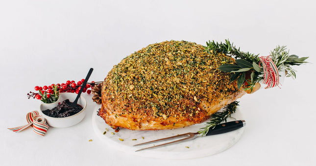 Amaretto & Cherry-Glazed Ham on the Bone with Pistachio Herb Crust