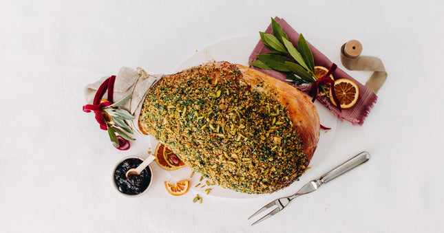 Amaretto & Cherry-Glazed Champagne Ham with Pistachio Herb Crust