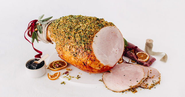 Amaretto & Cherry-Glazed Champagne Ham with Pistachio Herb Crust