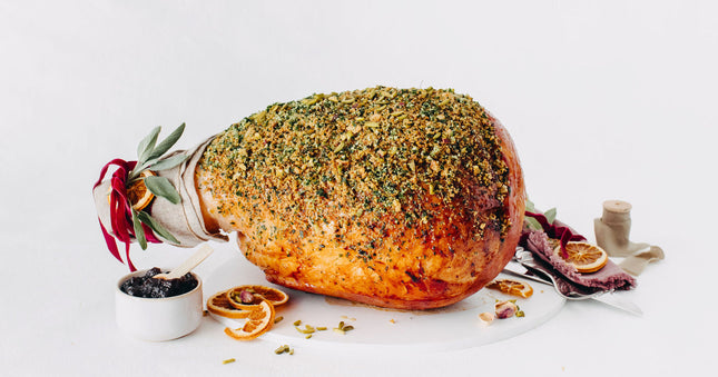 Amaretto & Cherry-Glazed Champagne Ham with Pistachio Herb Crust